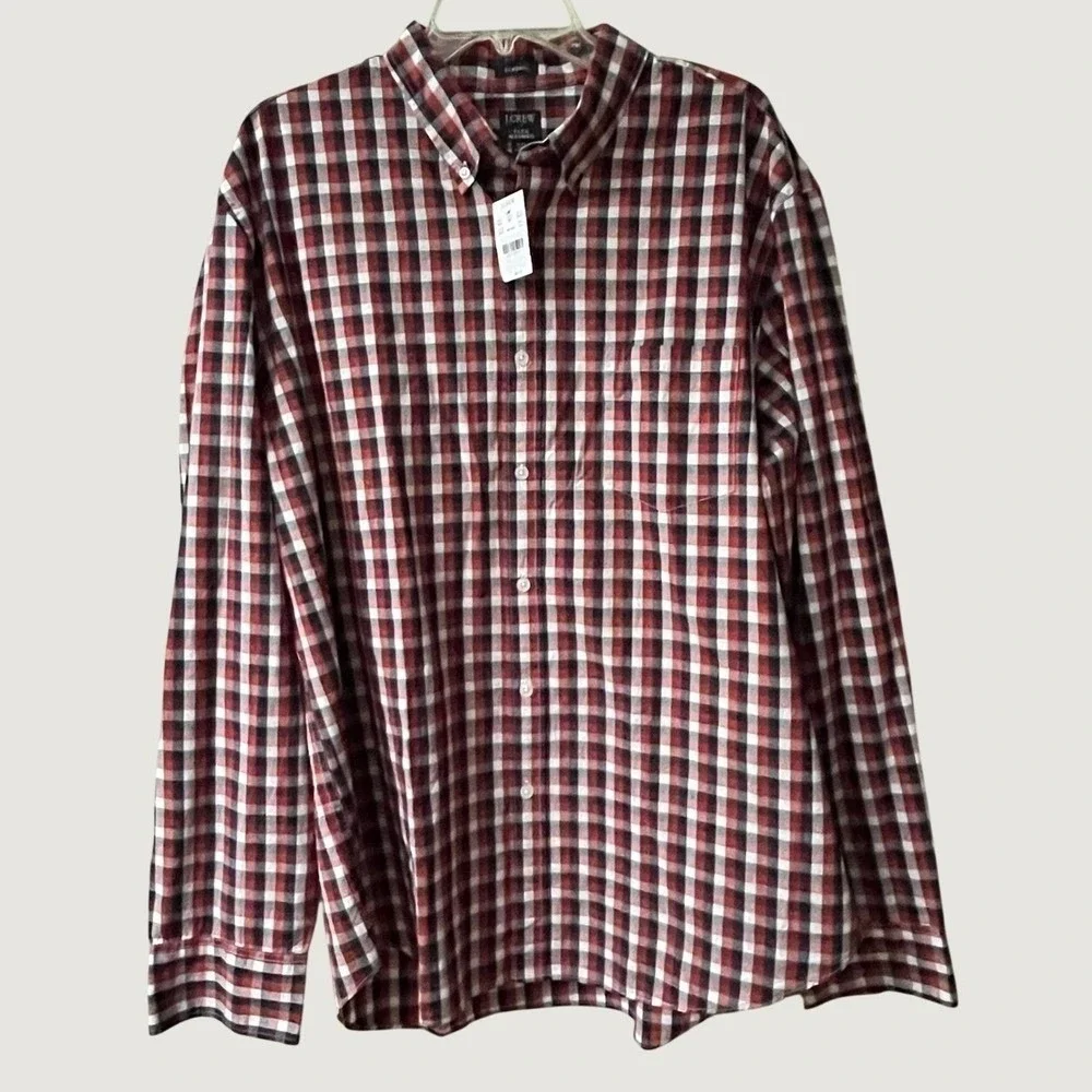 J Crew Long Sleeve Plaid Button Down Shirt Mens XXL Red Navy Flex Preppy NWT